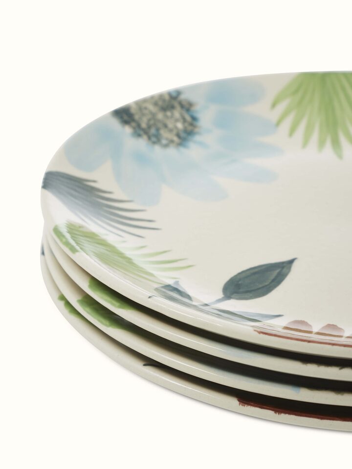 Side view of Khurja Pottery Ceramic Dinner Plates Multicolor (4 pcs), emphasizing the hand-painted patterns