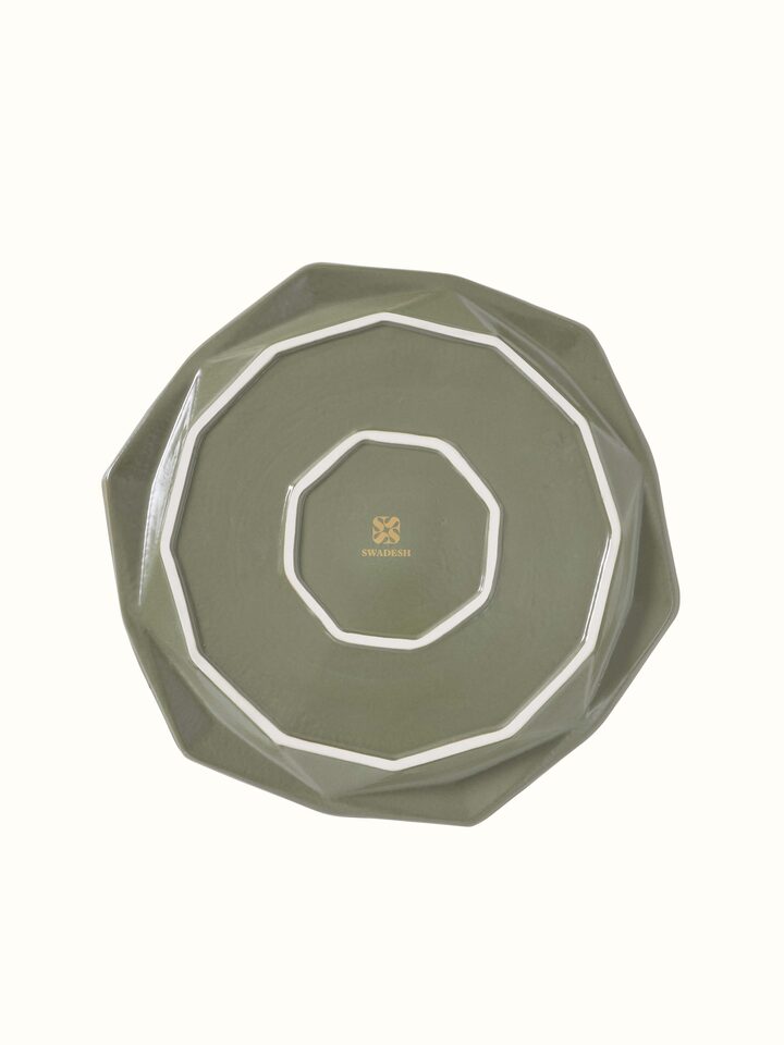 Back view of Khurja pottery ceramic dinner plates showing base design and color consistency.