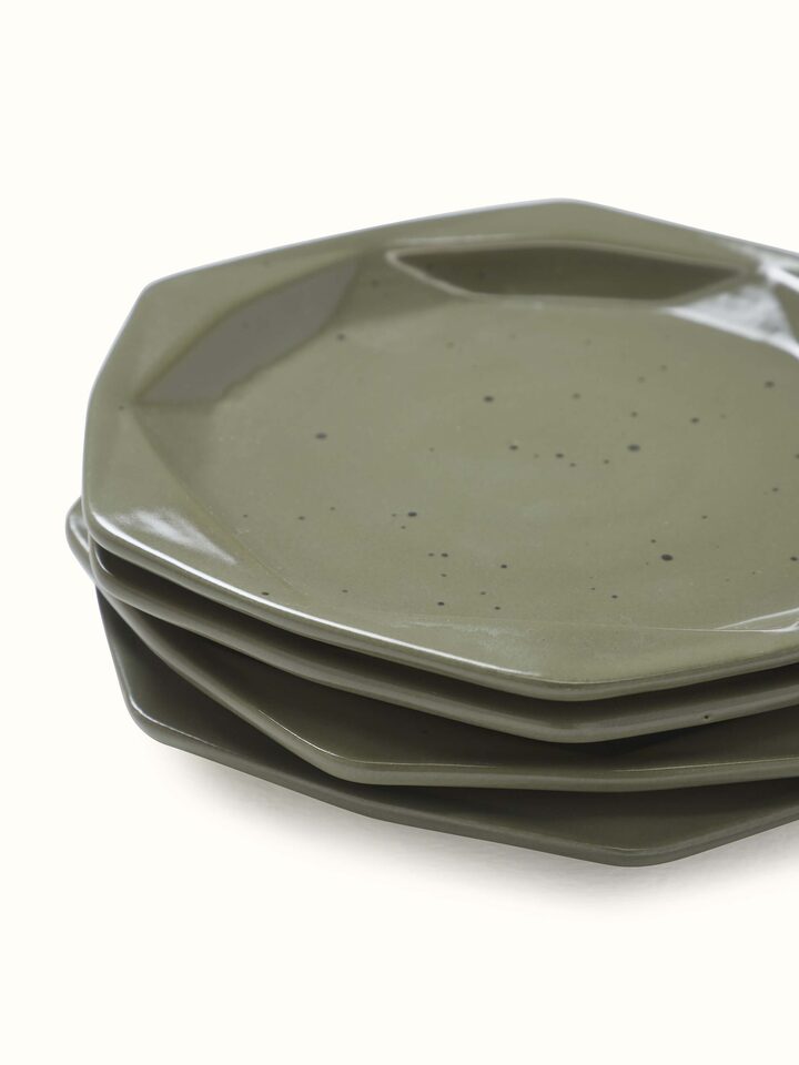 Detailed close-up of green Khurja pottery ceramic salad plates (4 pcs) focusing on craftsmanship