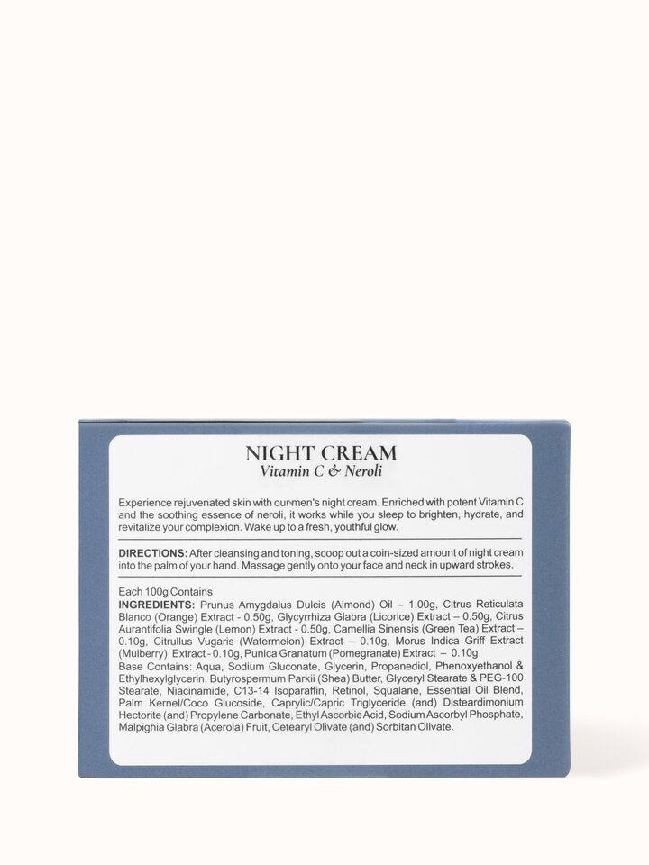 Angled view of Night Cream Vitamin C & Neroli showcasing the jar’s design.