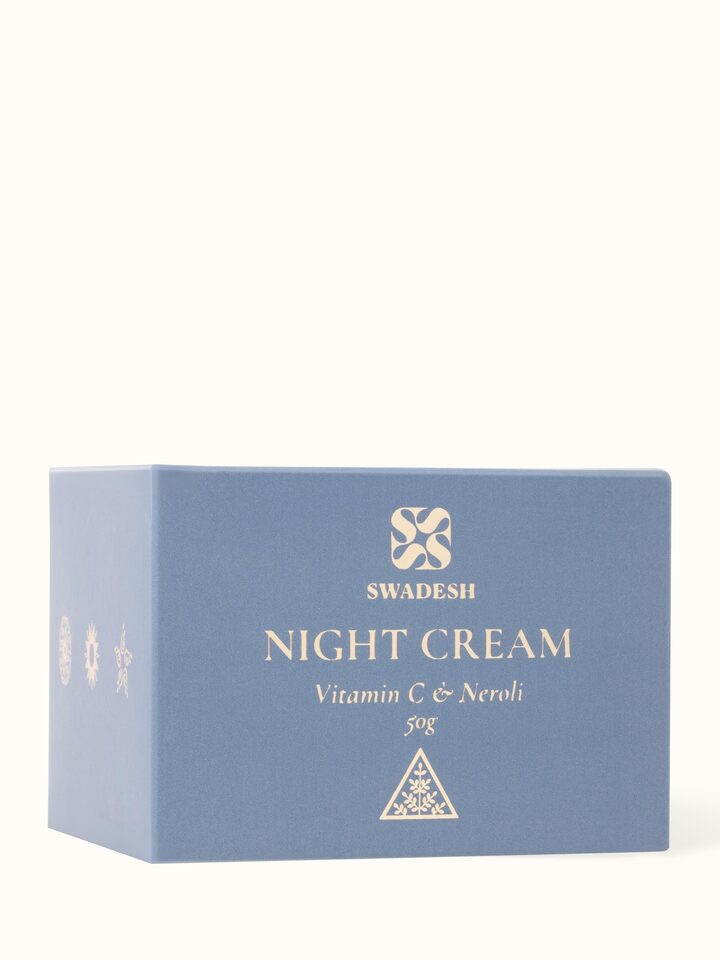 Top view of Night Cream Vitamin C & Neroli jar focusing on the lid and label.