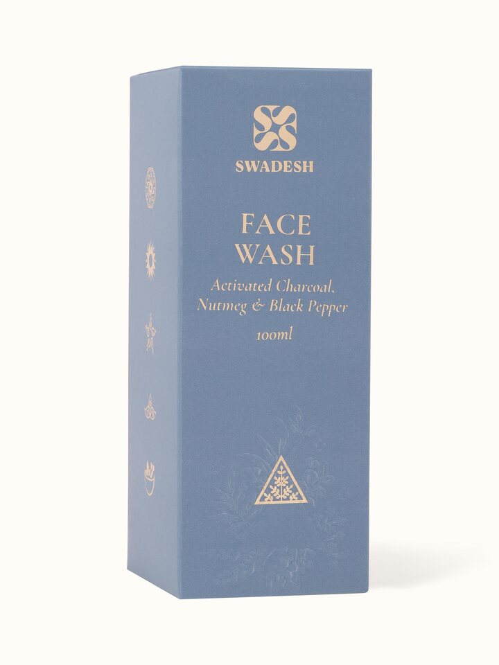Back view of Face Wash Activated Charcoal, Tea & Vetiver featuring the ingredient list and product details