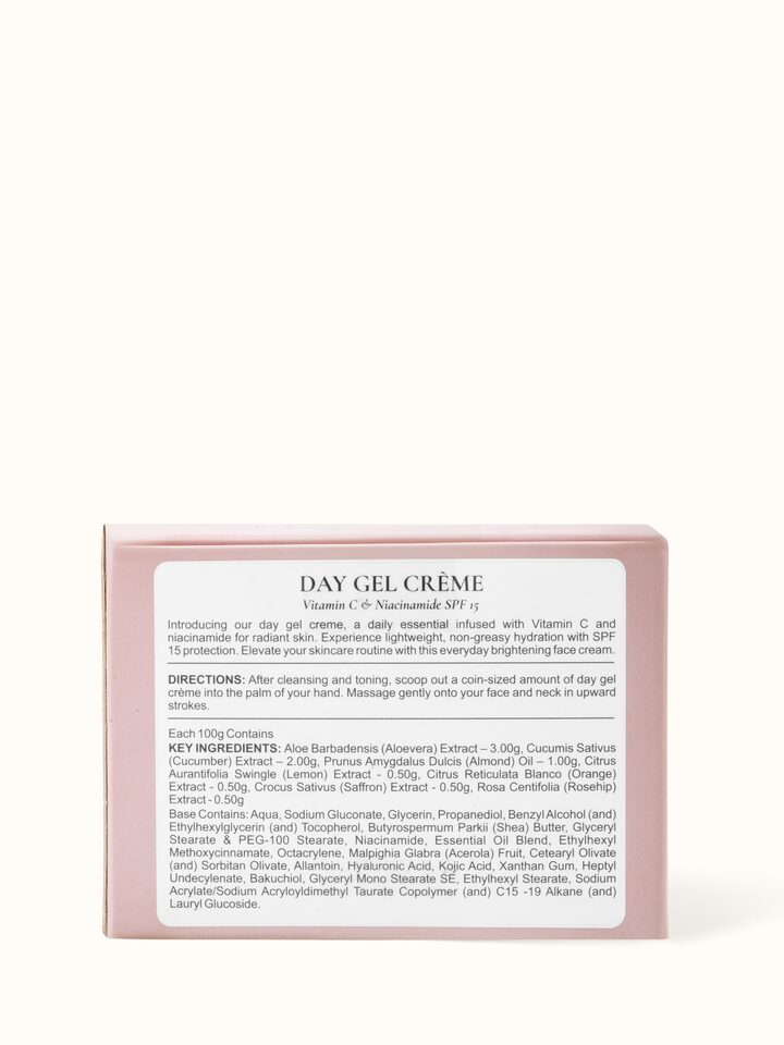 Overhead view of Day Gel Crème Vitamin C & Niacinamide SPF 15 showcasing the product's design layout.
