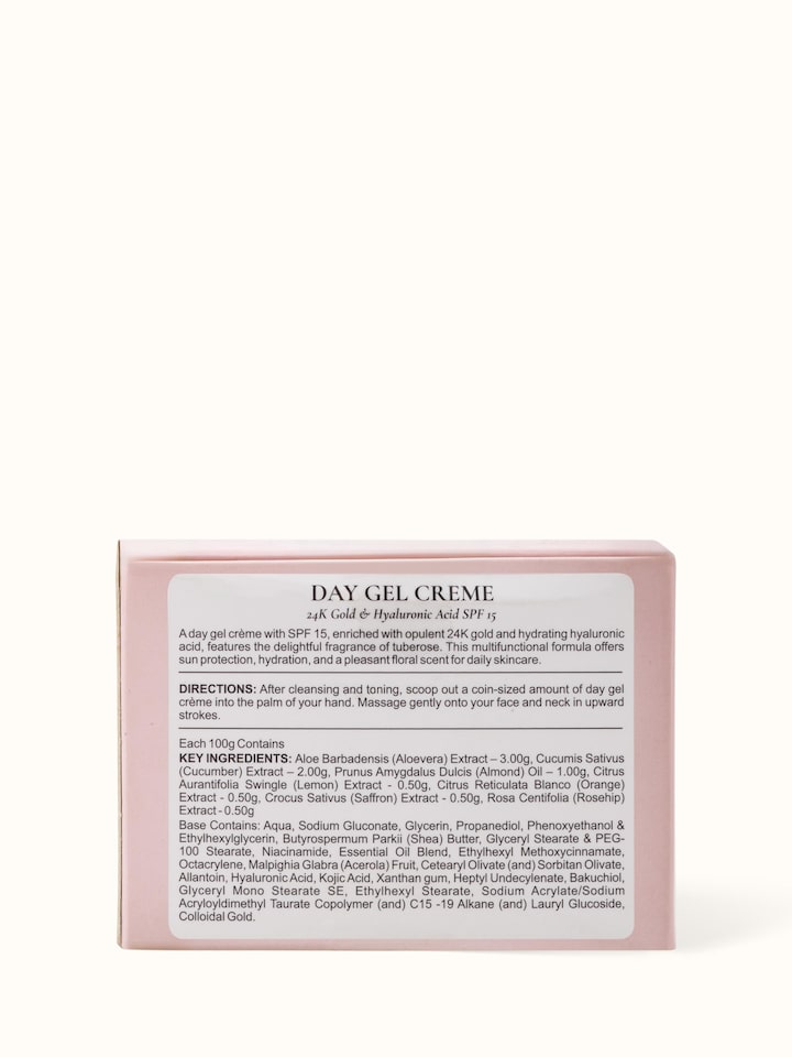 Day Gel Crème 24K Gold & Hyaluronic Acid SPF 15 displayed with natural elements for an organic look