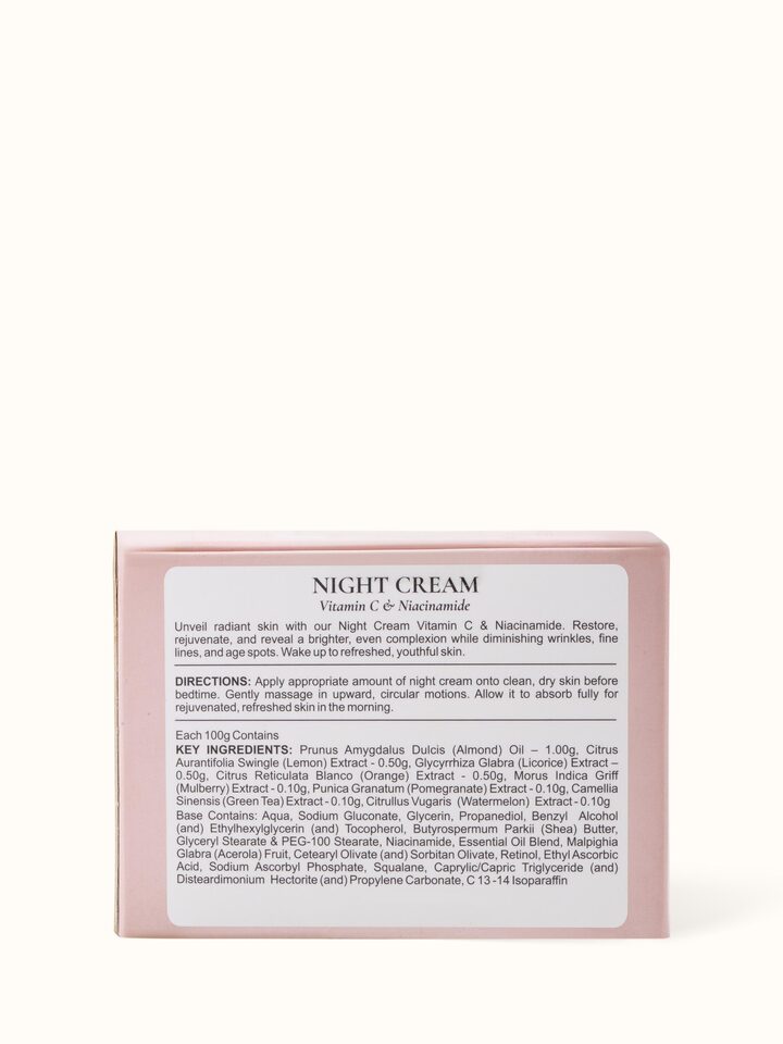 Angled view of Night Cream Vitamin C & Niacinamide jar displaying the jar's shape and label information