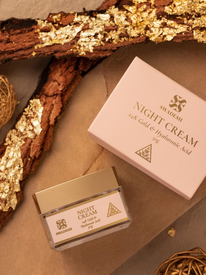 Close-up view of Night Cream 24K Gold & Hyaluronic Acid showcasing the rich, creamy texture and elegant jar design