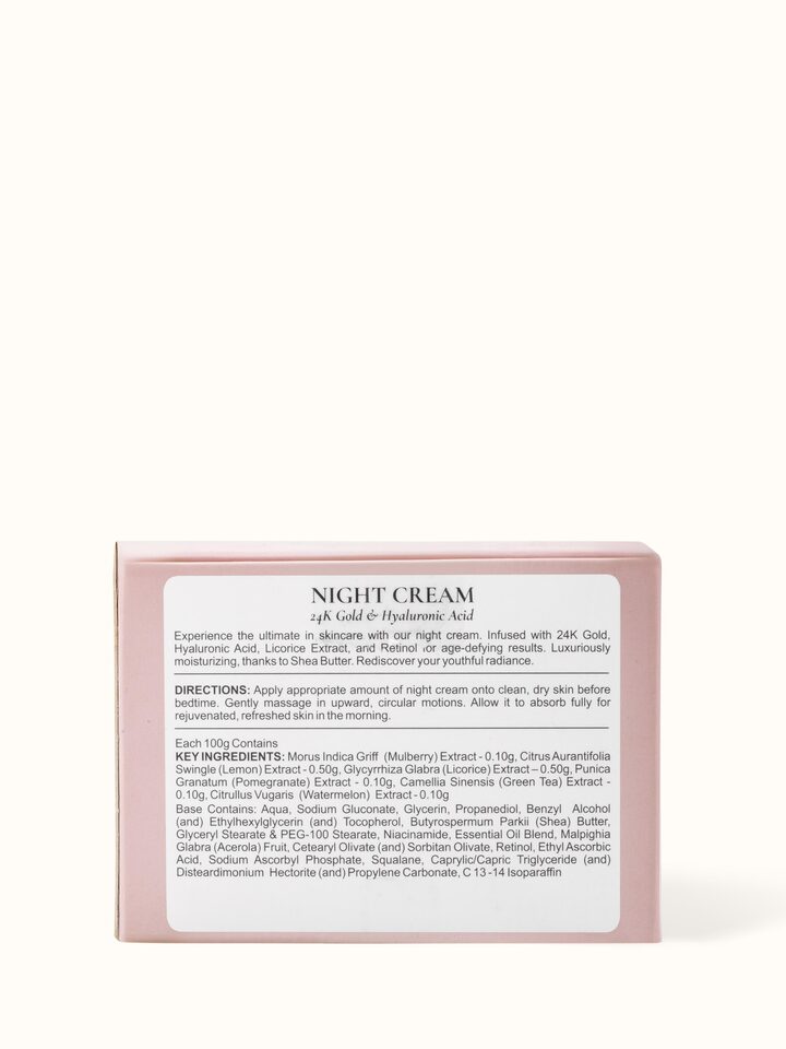 Night Cream 24K Gold & Hyaluronic Acid placed on a vanity with a soft background, emphasizing its luxurious skincare appeal