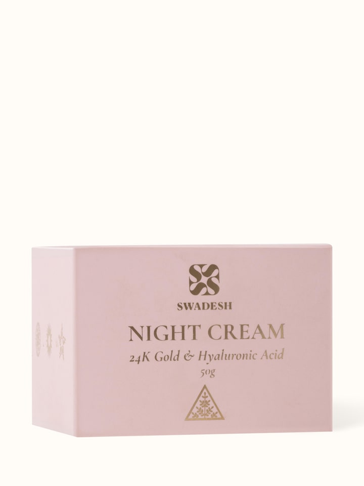 Back view of Night Cream 24K Gold & Hyaluronic Acid highlighting detailed product information and usage instructions