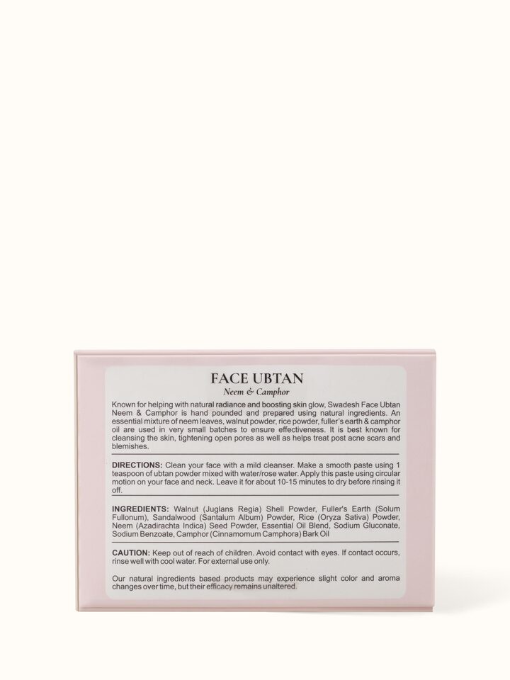 Back view of Face Ubtan Neem & Camphor revealing ingredients and usage instructions