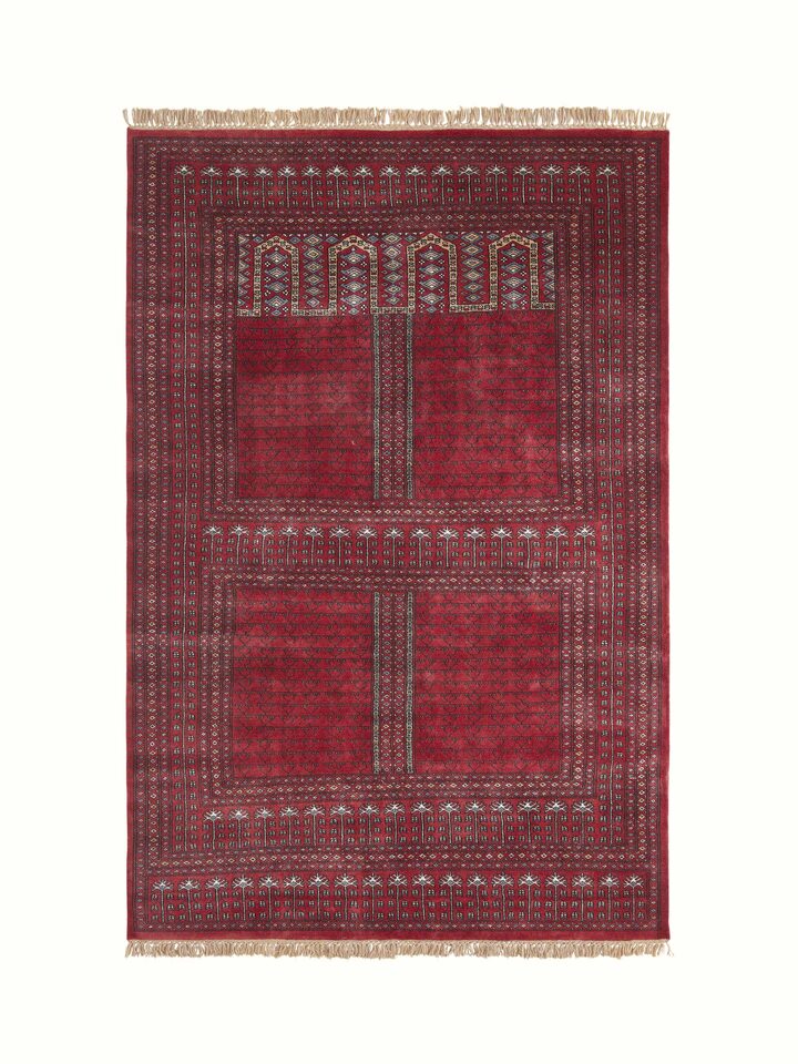 Amritsari Parda red Gwalior wool hand-knotted rug - Full view showcasing the vibrant red color and intricate pattern