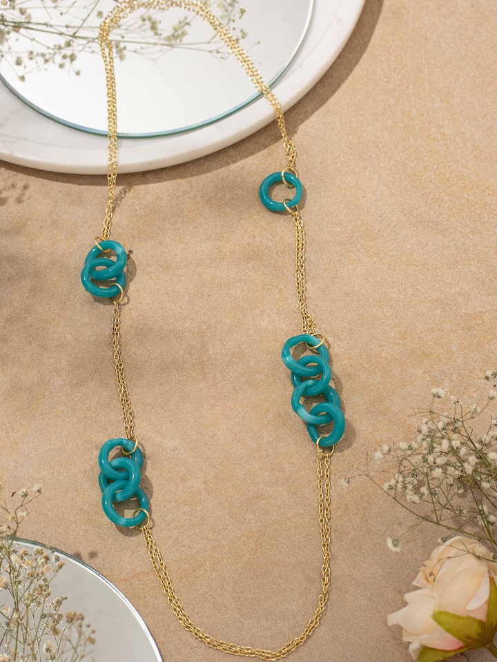 Side view of Glass Bead Long Necklace illustrating the length and colorful bead arrangement.