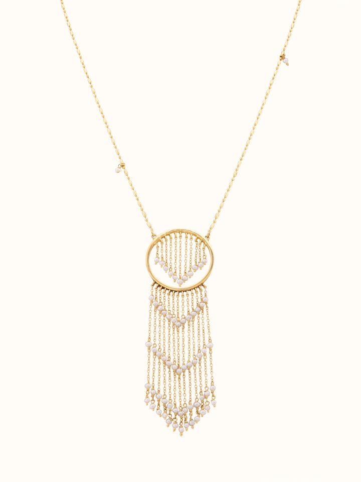 Front view of Silver Smithing Long Necklace showcasing its intricate silver design and length.