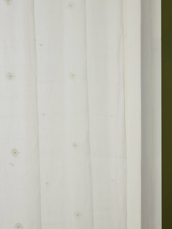 Detailed view of Kalpanama Ivory Zari Buti Handloom Cotton Curtain emphasizing the zari buti design.