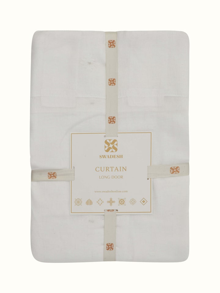 Close-up view of Kalpanama Ivory Zari Buti Handloom Cotton Curtain focusing on the fabric texture and zari details.