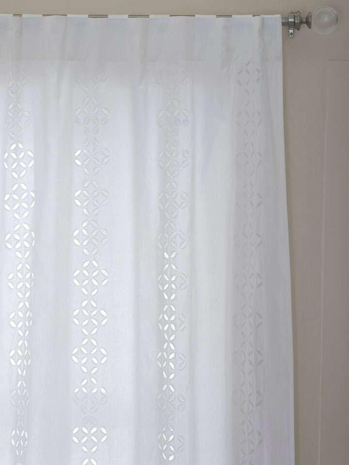 Mandana White Trellis Stripe Cotton Applique Sheer Curtain (9 ft), highlighting the sheer texture and intricate applique work.