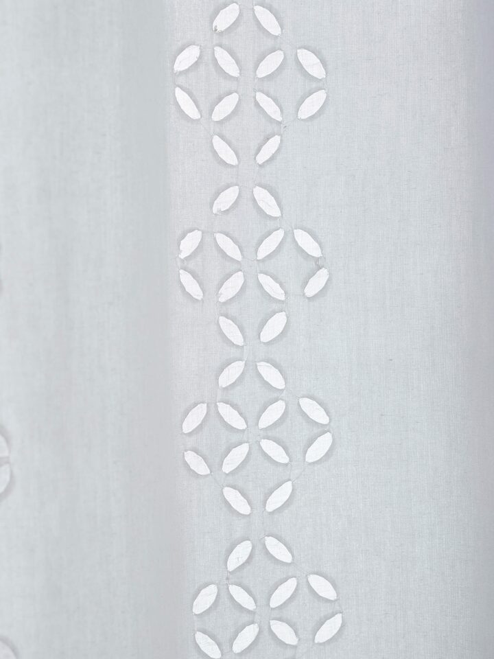 Close-up of Mandana White Trellis Stripe Cotton Applique Sheer Curtain (9 ft), focusing on the fine cotton fabric and stripe details.