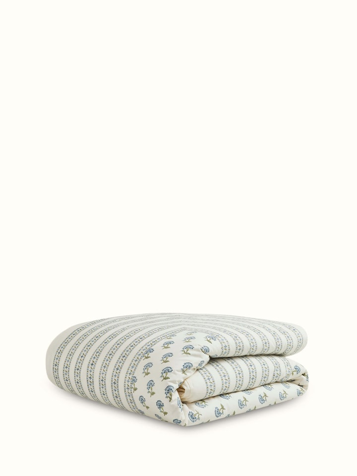Close-up view of Aarunya Blue Floral Cotton Sanganeri Block Printed Queen Duvet Cover showing the detailed floral block print.