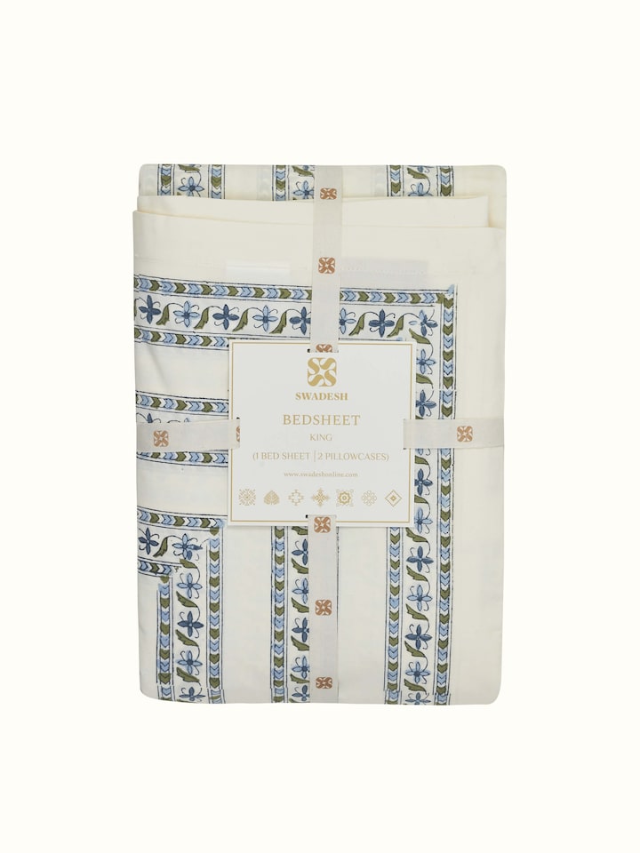 Another angle of Aarunya blue buta cotton Sanganeri block printed king bedsheet set (3 pcs)