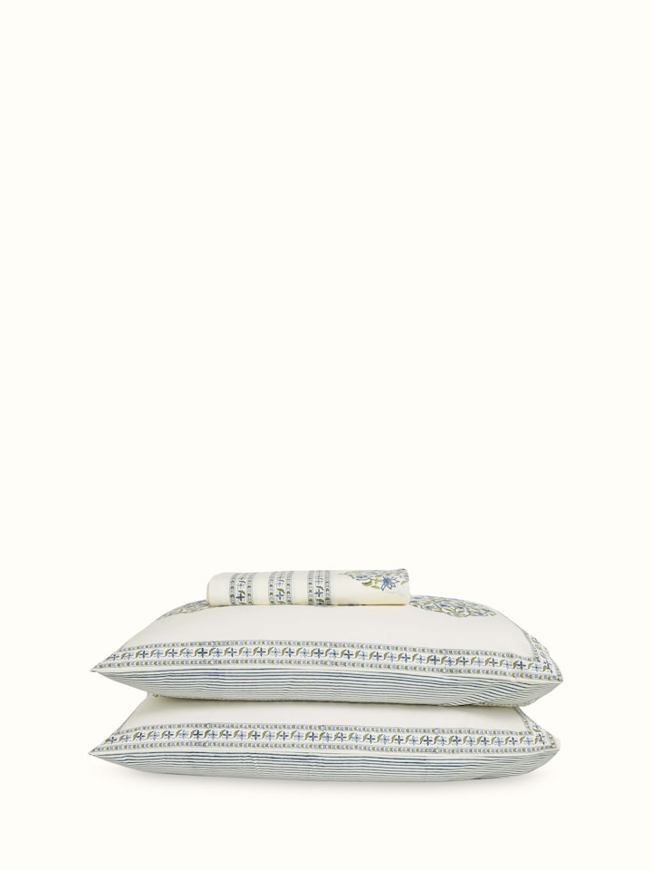 Aarunya blue buta cotton Sanganeri block printed queen bedsheet set showcasing the complete bedding design and pattern