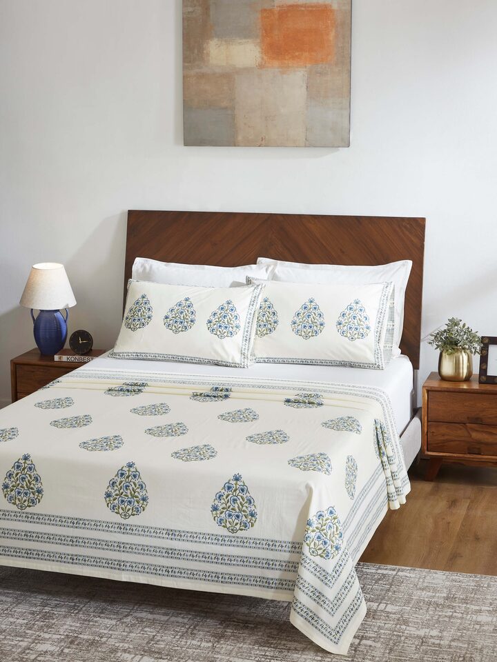 Close-up view of Aarunya blue buta cotton Sanganeri block printed queen bedsheet highlighting the block print design