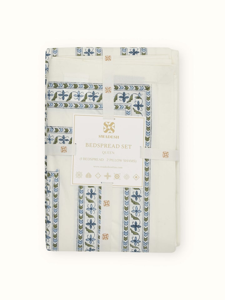 Aarunya blue buta cotton Sanganeri block printed queen bedsheet set laid out to show the detailed block print design