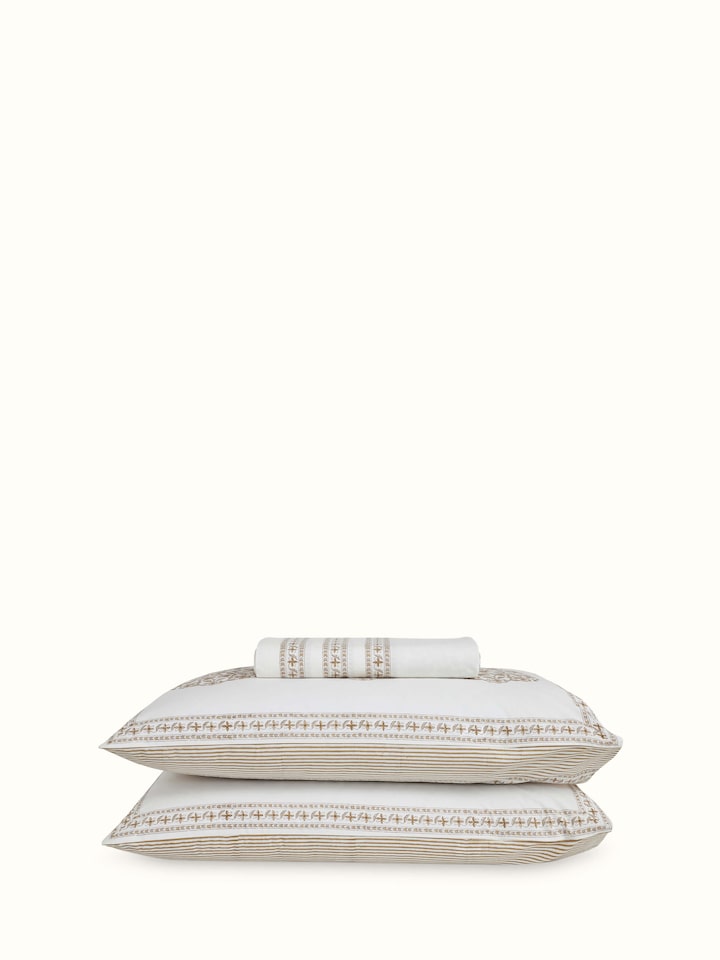 Front view of Aarunya beige buta cotton Sanganeri block printed king bedsheet set (3 pcs), featuring intricate block print designs.