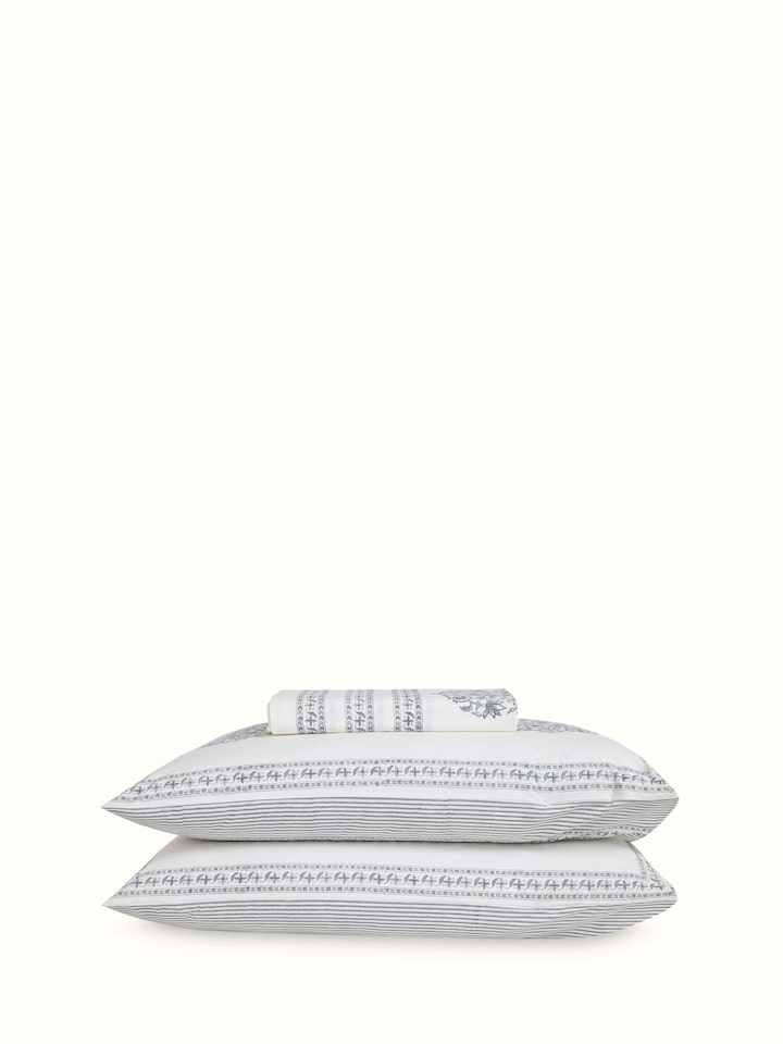 Full view of Aarunya Grey Buta Cotton Sanganeri Block Printed Queen Bedsheet Set showing the complete bedding set.