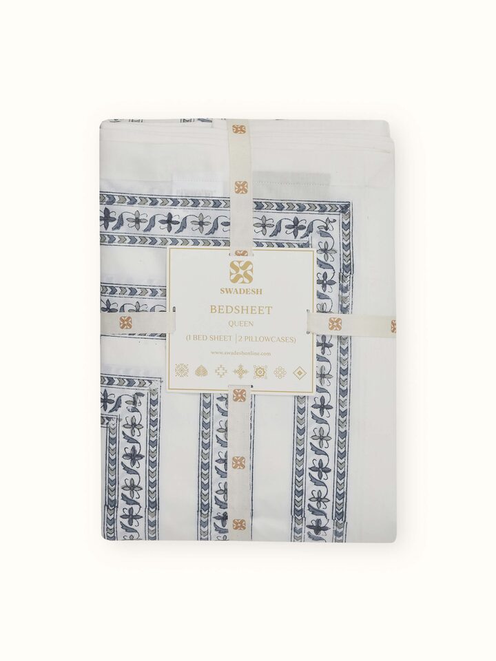 Detailed view of Aarunya Grey Buta Cotton Sanganeri Block Printed Queen Bedsheet Set focusing on the bedding’s design and print.