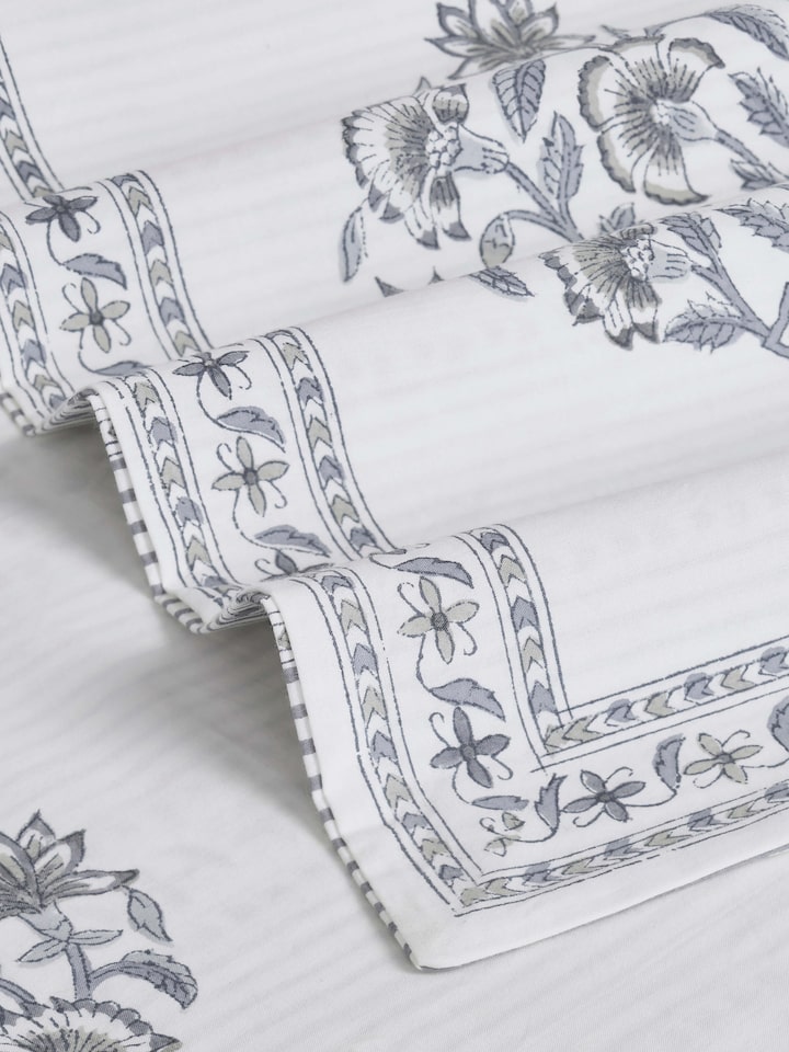 Side view of Aarunya Grey Buta Cotton Sanganeri Block Printed Queen Bedsheet Set emphasizing the bedding's pattern and details.