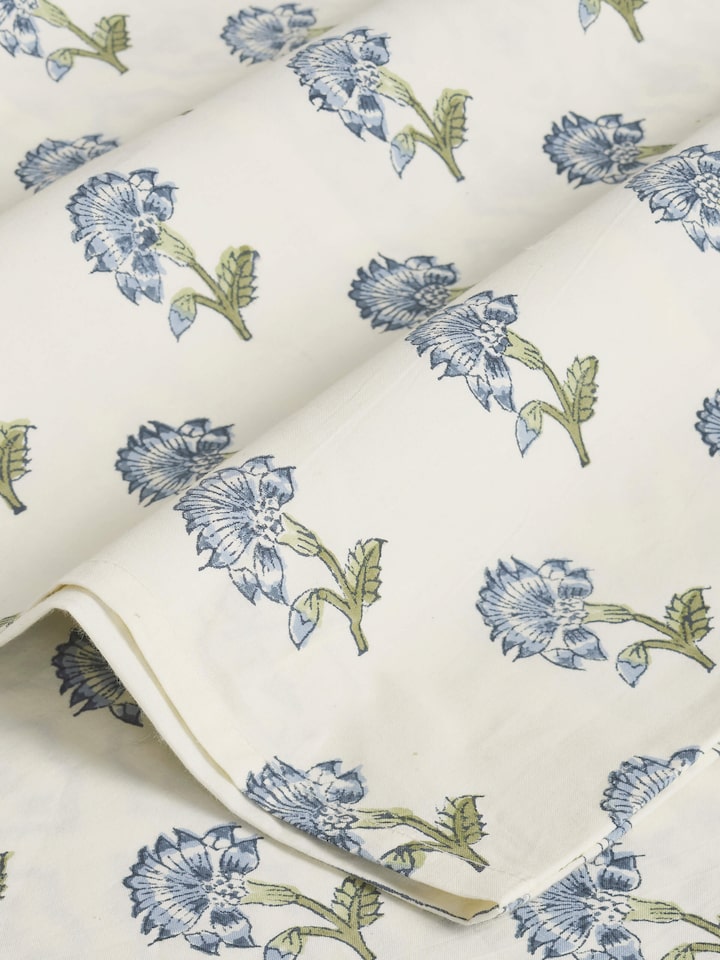 Aarunya Blue Floral Cotton Sanganeri Block Printed Queen Bedsheet Set, showcasing the floral design on the fitted sheet.