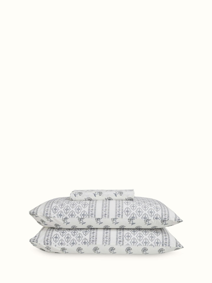 Front view of Aarunya grey floral cotton Sanganeri block printed king bedsheet set showing the complete set with floral pattern