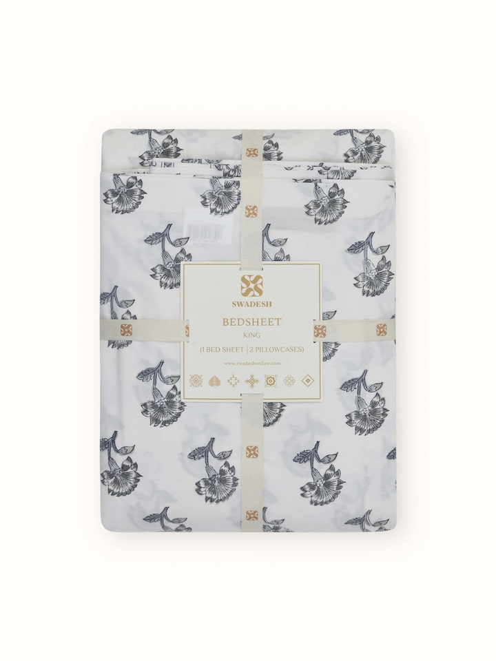Detailed view of Aarunya grey floral cotton Sanganeri block printed king bedsheet set showcasing the texture and pattern of the fabric