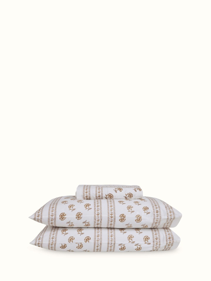 Aarunya beige buti cotton Sanganeri block printed queen bedsheet set, showing the full bedsheet and pillow covers.