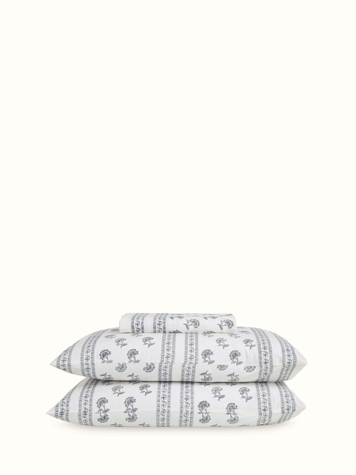 Top view of Aarunya Grey Buti Cotton Sanganeri Block Printed King Bedsheet Set showcasing intricate block print design.