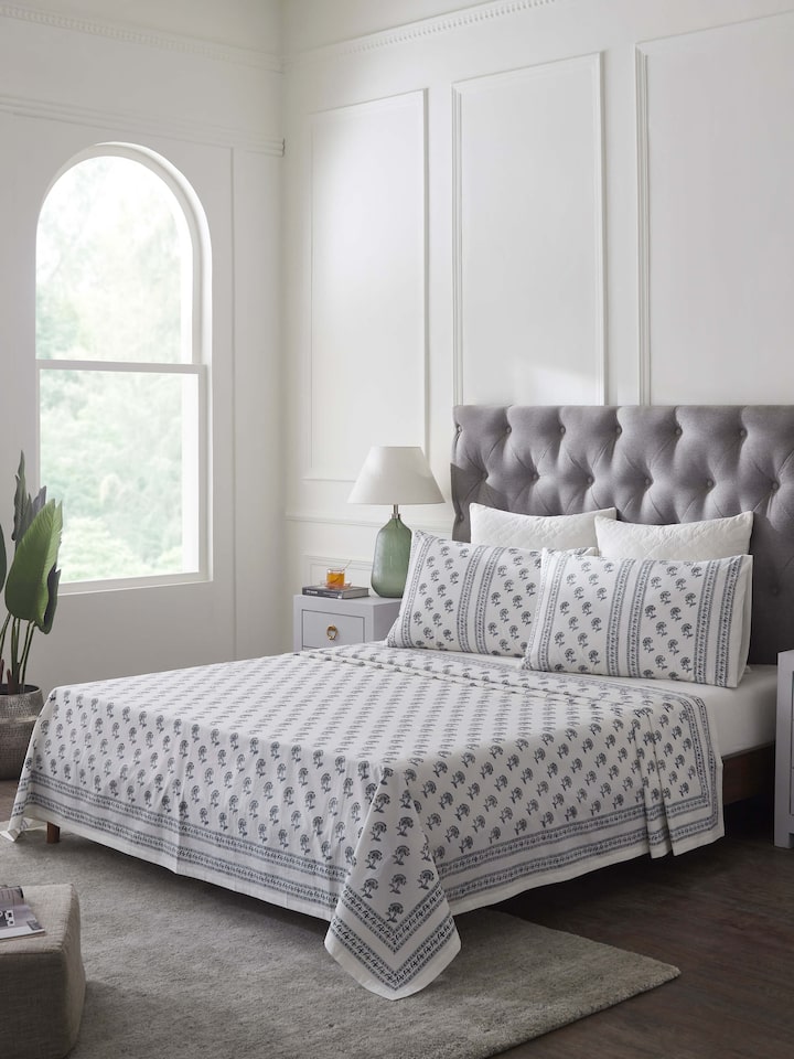 Side view of Aarunya Grey Buti Cotton Sanganeri Block Printed King Bedsheet Set highlighting its elegant block print pattern.