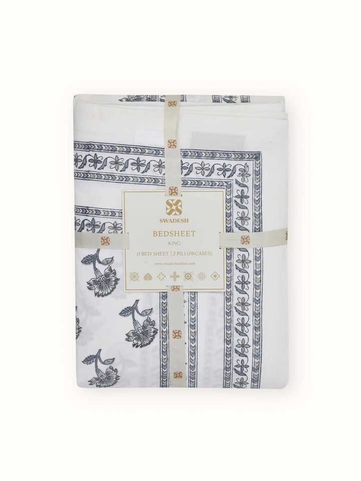 Close-up of Aarunya Grey Buti Cotton Sanganeri Block Printed King Bedsheet Set focusing on the fabric texture and print.