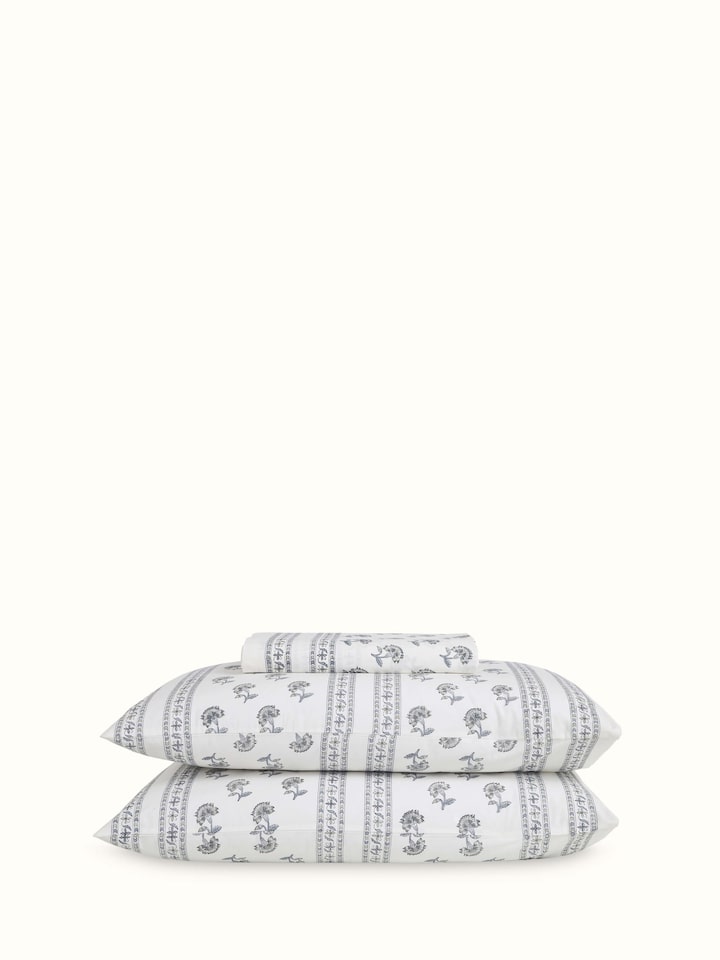 Front view of Aarunya grey buti cotton Sanganeri block printed queen bedsheet set (3 pcs), displaying the block print design.