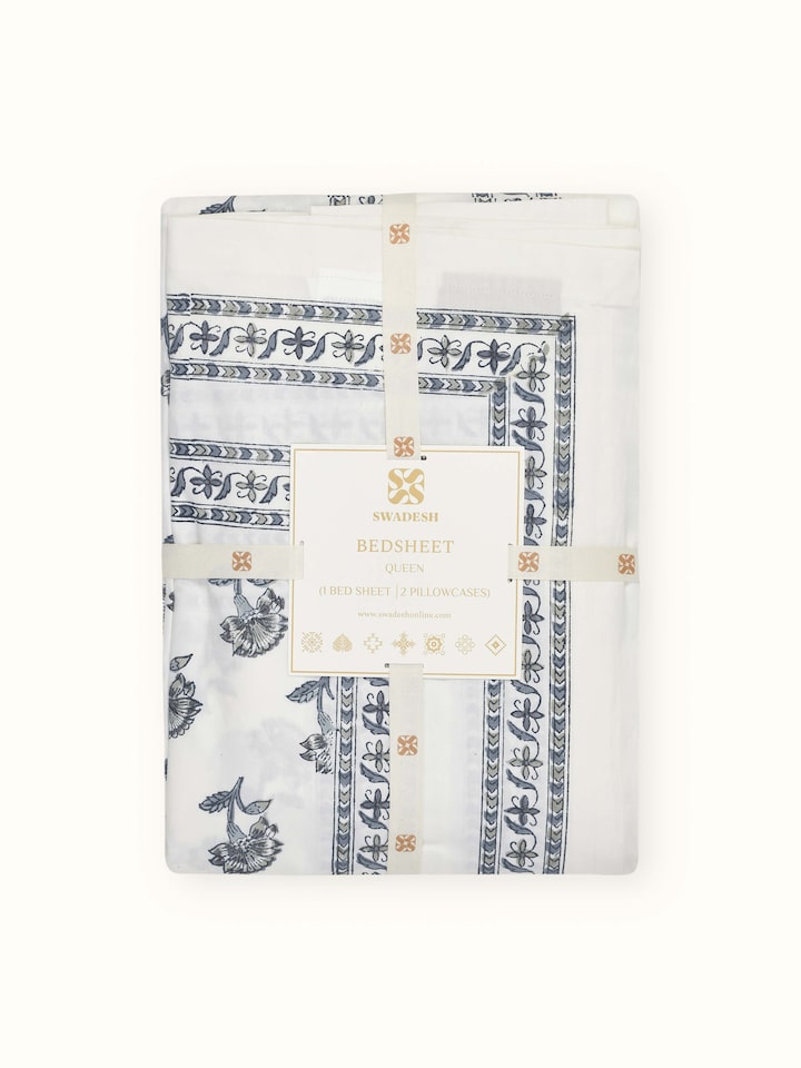 Detailed close-up of Aarunya grey buti cotton Sanganeri block printed queen bedsheet set (3 pcs), focusing on the print quality.