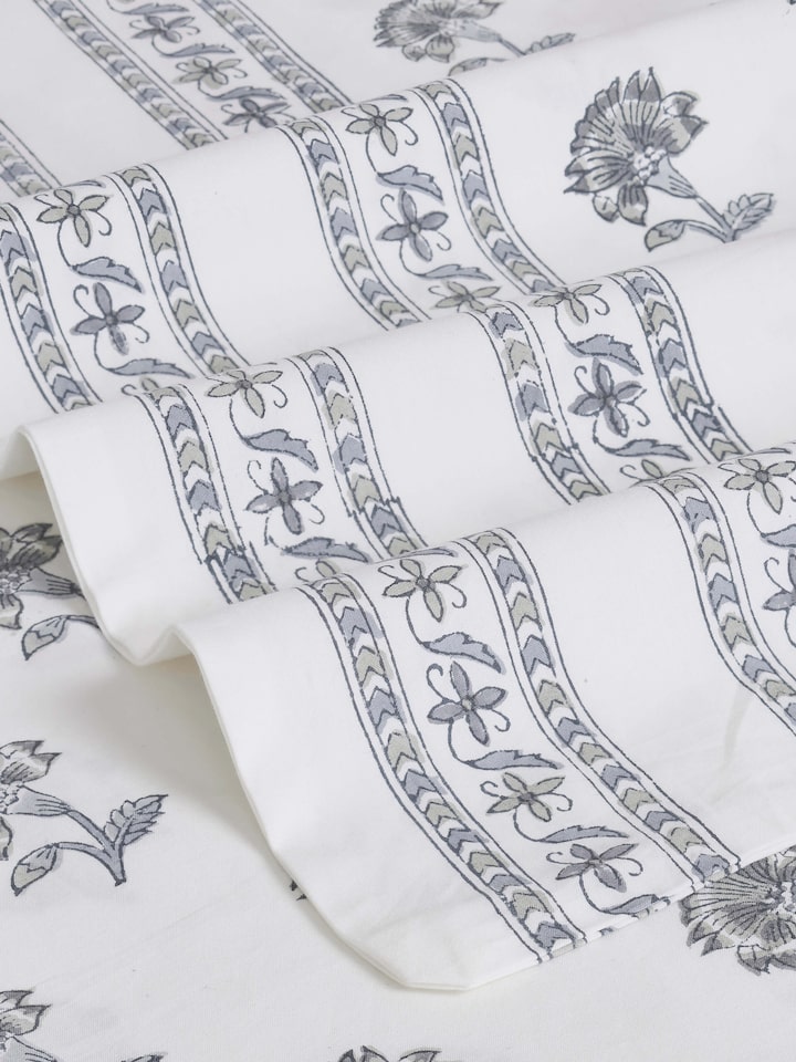 Close-up view of Aarunya grey buti cotton Sanganeri block printed queen bedsheet set (3 pcs), highlighting the intricate block print.