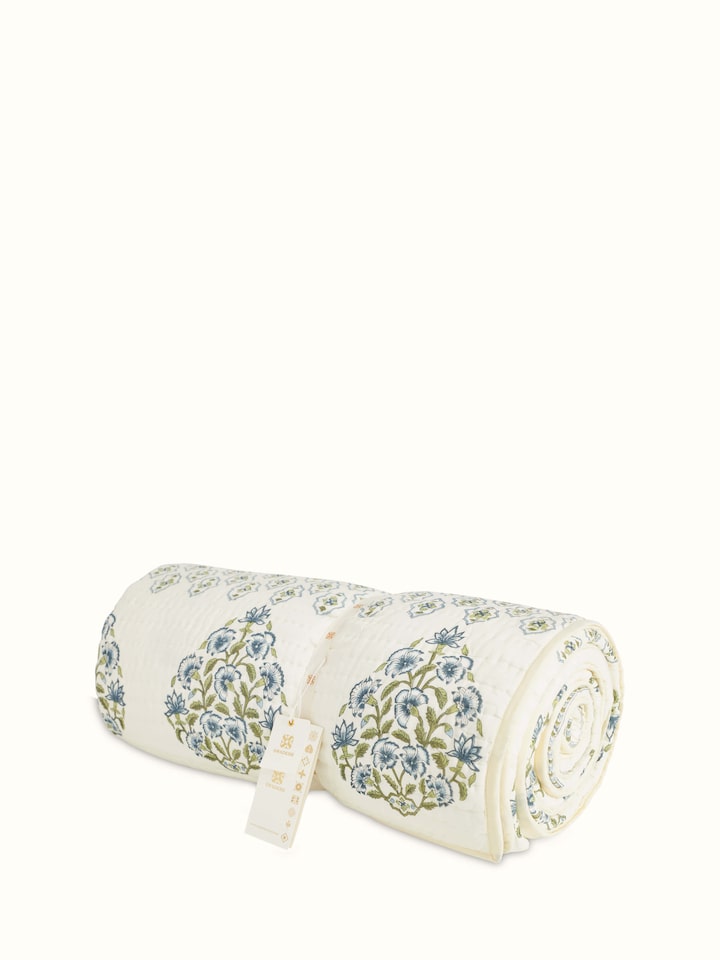 Close-up of Aarunya Blue Floral Cotton Sanganeri Block Printed Double Quilt focusing on the detailed floral block print.