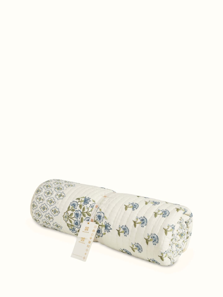 Detailed view of Aarunya blue floral cotton Sanganeri block printed single quilt focusing on the intricate floral block print