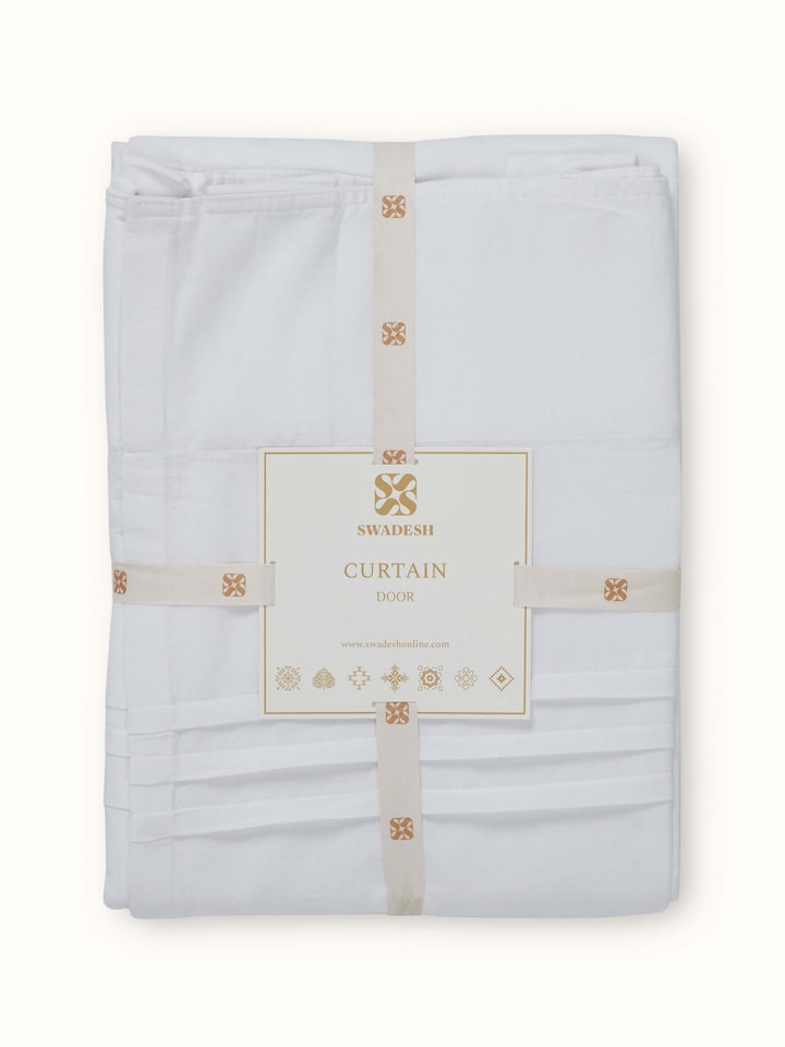 The Nityam white solid cotton linen Sanganeri block printed sheer curtain (7 ft), featuring a detailed view of the block print design.