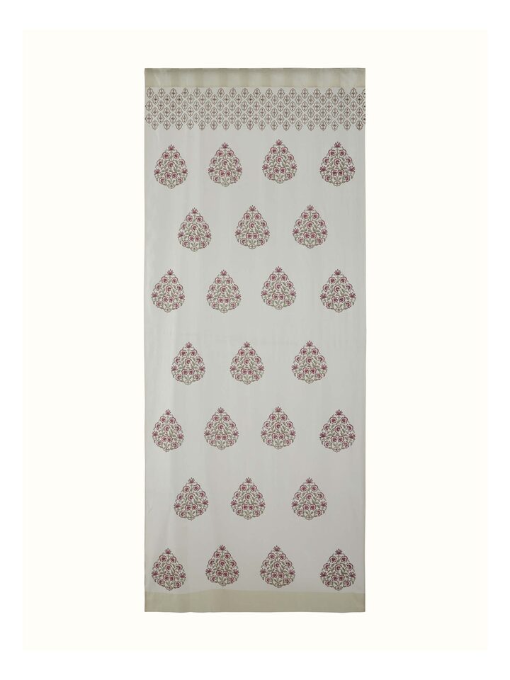 Aaarunya red floral buta cotton silk Sanganeri block printed sheer curtain (9 ft) with vibrant red floral buta pattern on a sheer fabric.