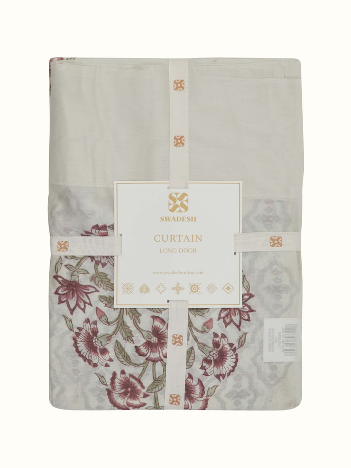 Detailed view of Aaarunya red floral buta cotton silk Sanganeri block printed sheer curtain (9 ft) showing the intricate floral buta design.