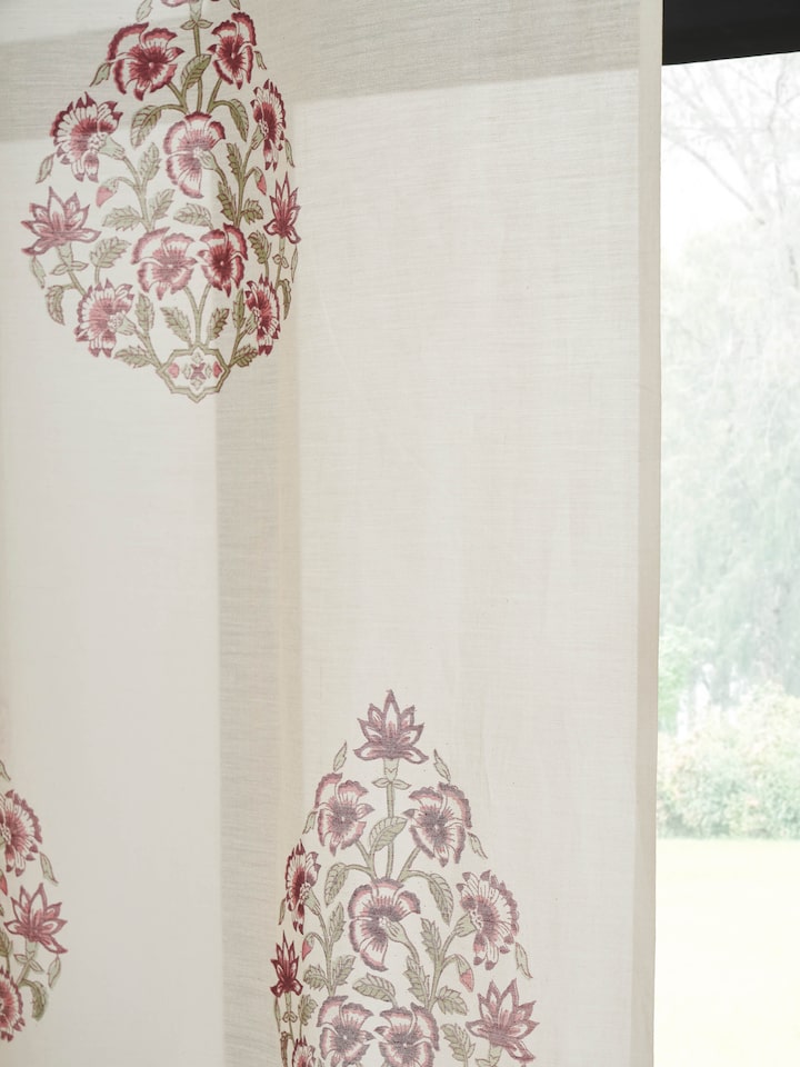 Full view of Aaarunya red floral buta cotton silk Sanganeri block printed sheer curtain (9 ft) highlighting the elegant floral buta design and sheer fabric.