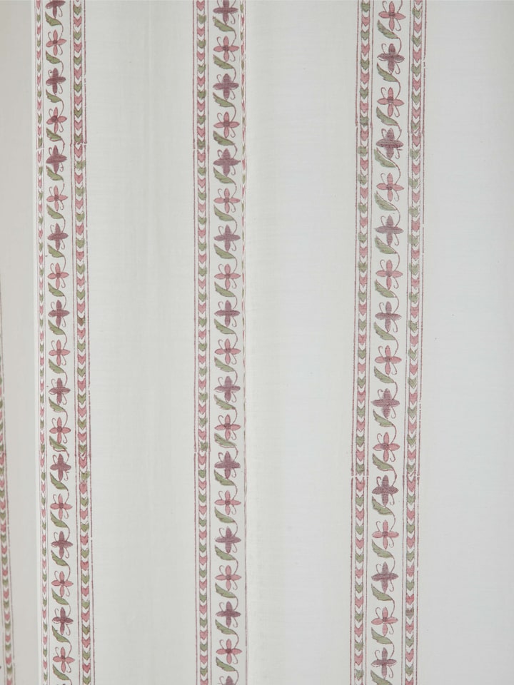 Side view of Aaarunya Red Floral Border Cotton Silk Sanganeri Block Printed Sheer Curtain displaying the curtain’s texture and pattern.