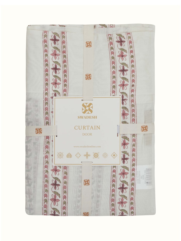 Full view of Aaarunya Red Floral Border Cotton Silk Sanganeri Block Printed Sheer Curtain illustrating the entire length and pattern.