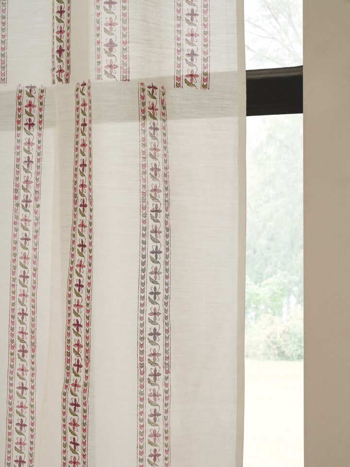 Close-up of Aaarunya Red Floral Border Cotton Silk Sanganeri Block Printed Sheer Curtain emphasizing the floral border details.