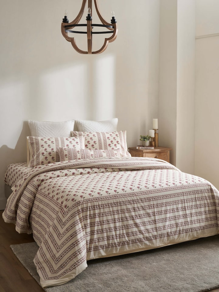 Front view of Aarunya Red Floral Cotton Sanganeri Block Printed Queen Duvet Cover highlighting the full design with vibrant red floral print.