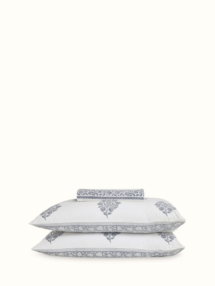 Full view of Saha grey floral cotton Sanganeri block printed queen bedsheet set showing the complete set of bedsheet and pillow covers